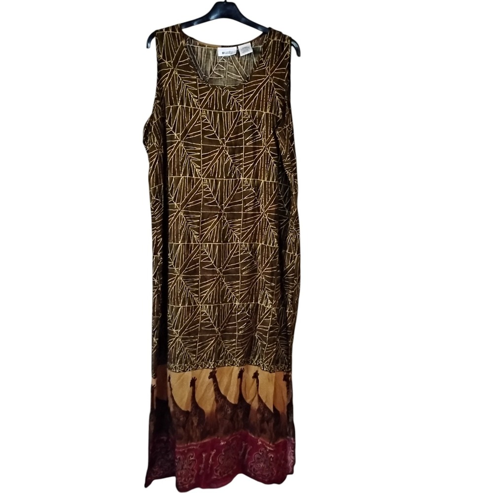 Vintage Units Giraffe Print Maxi Dress Brown Rayon Sleeveless XL Made in USA